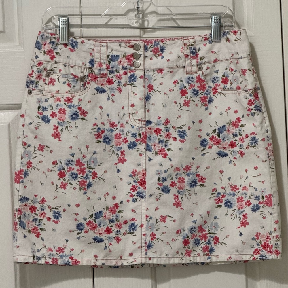 Ann Taylor LOFT Floral Denim Mini Skirt White Pink Blue Cotton Size 6